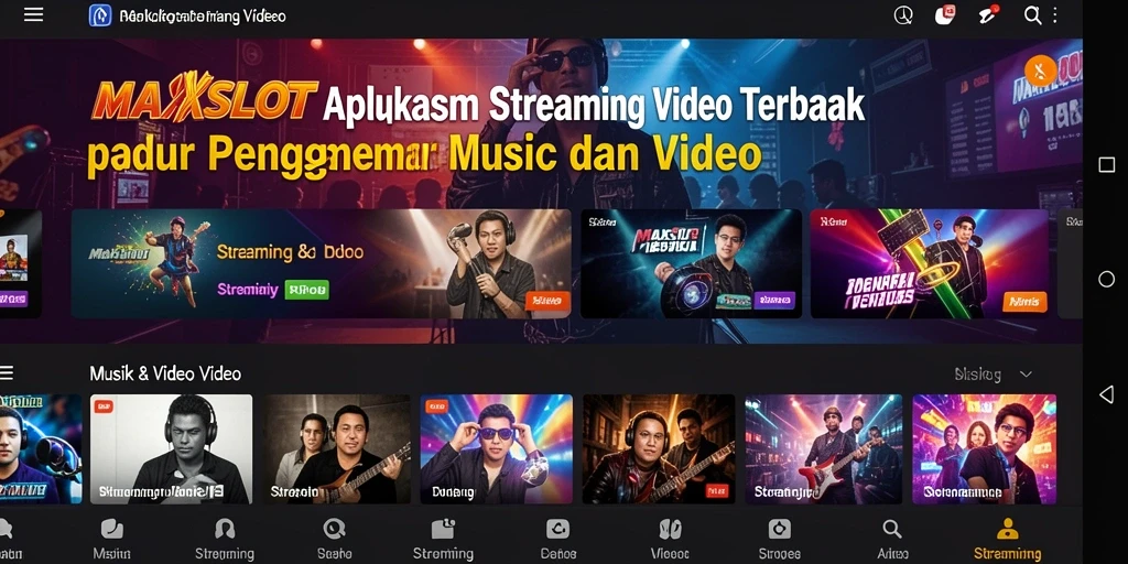 Tampilan antarmuka aplikasi MAXSLOT dengan berbagai fitur Streaming Video.