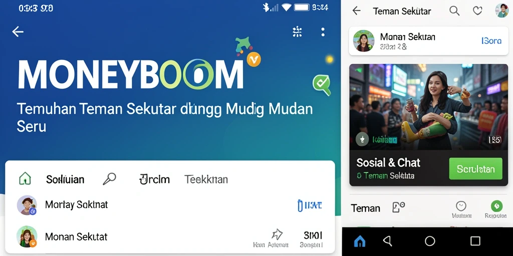 Antarmuka MONEYBOOM dengan fitur Teman Sekitar yang menarik.